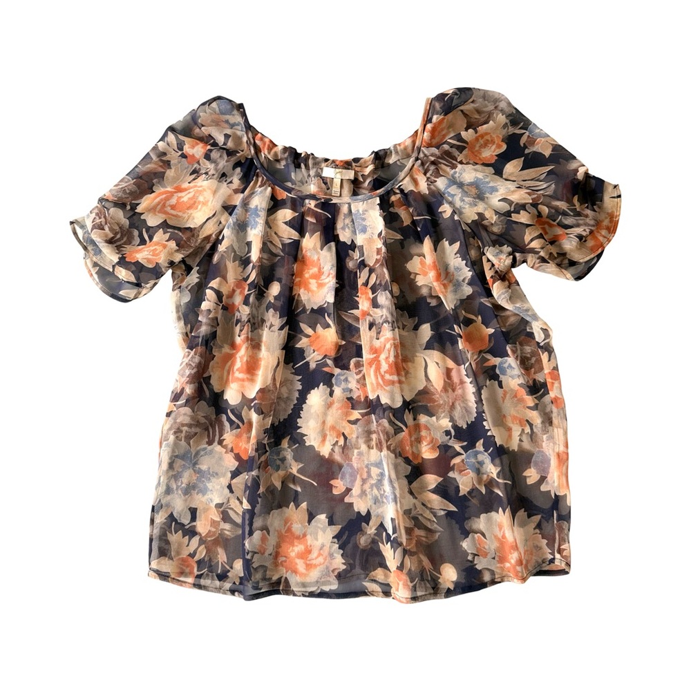 Joie Silk Chiffon Black Ground Print Blouse with Ivory/Orange Floral